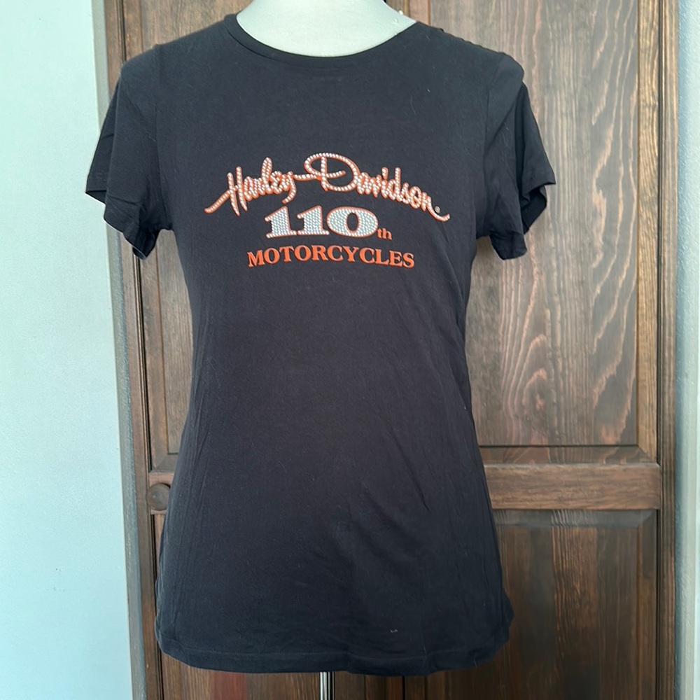 (A) Harley Davidson, 110th anniversary ss shirt, St Charles, sz XL, BLACK, BLING